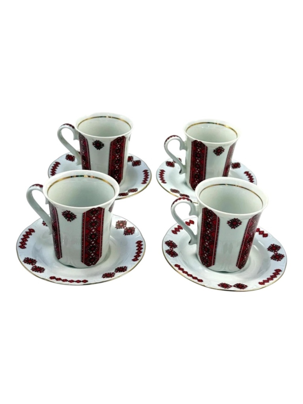 JL Menau Ukrainian Folk Pattern Lot 4 Demi-tasse‎ Cups Saucers Espresso Germany